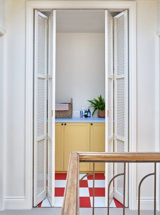 A mid-century Holland Park house is given a colourful update by Lonika Chande | House & Garden Lonika Chande, Beata Heuman, Yellow Paint Colors, Striped Tile, Park House, Edwardian House, Holland Park, Linoleum Flooring, Small Laundry Rooms