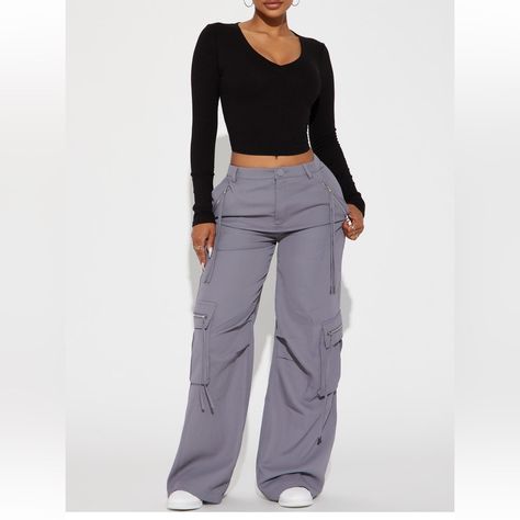 Fashion Nova Charcoal Gray Colored Cargo Pants With Wide Leg High Rise High Waisted Button Zipper Closure Zipper Detail Cargo Pockets Hand Pockets Non-Stretch Size Large New With Tags 100% Polyester Waist 32” Length 43” Inseam 31” Colored Cargo Pants, Tropical Pants, Fashion Nova Plus Size, 70 Fashion, High Waisted Dress Pants, Khaki Cargo Pants, Cargo Pants Outfit, Time To Leave, Fashion Nova Pants