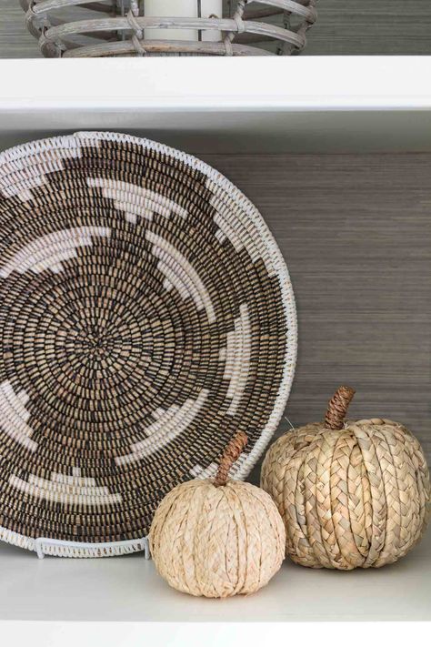 Bathroom Shelves Fall Decor, Rattan Pumpkin Decor, Fall Front Porch Ideas, Happy Pumpkin Spice Season, Indoor Lanterns, Fall Doormat, Driven By Decor, Bird Plates, Summer Pillows