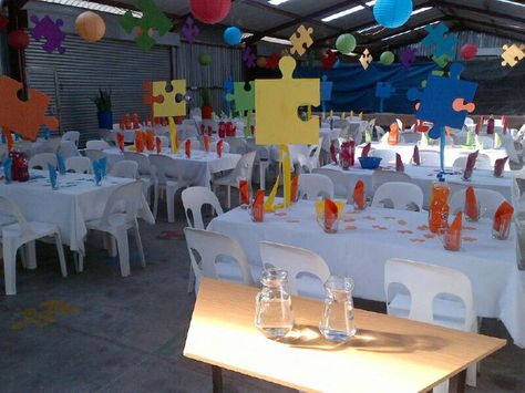 puzzle+theme+decorations | Via Misti-Aletia Jonker Puzzle Piece Classroom Theme, Puzzle Piece Centerpieces, Puzzle Theme Party Decorations, Puzzle Party Decorations, Puzzle Piece Decorations, Puzzle Themed Birthday Party, Puzzle Piece Adoption Party Ideas, Puzzle Piece Centerpiece Ideas, Puzzle Centerpiece Ideas