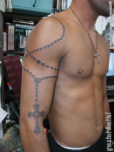 Rosary Tattoo Arm, Rosary Tattoos, Rosary Bead Tattoo, Gear Tattoo, Around Arm Tattoo, Rosary Tattoo, Chain Tattoo, Necklace Tattoo, Cool Arm Tattoos