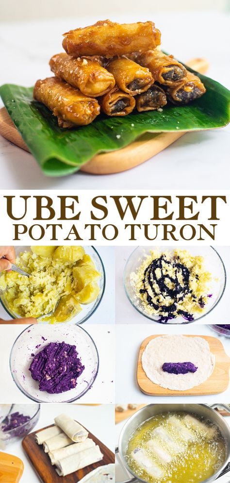 This Ube Sweet Potato Turon is simple to make, crunchy, sweet, and delicious. It's made with sweet potato, ube powder, and pineapple juice which makes a healthy and addicting snack! Turon Recipe Filipino Desserts, Dessert Lumpia, Kamote Recipe, Ube Turon, Potato Spring Rolls, Eggroll Recipes, Turon Recipe, Filipino Desert, Cafe Food Truck