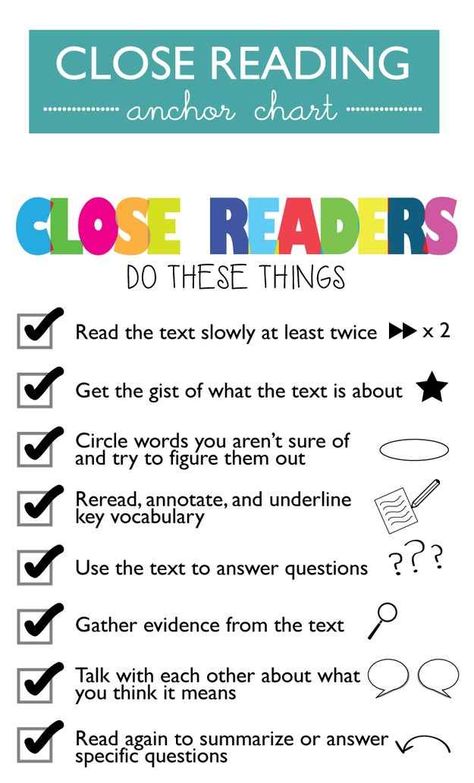 Check It Off! | 21 Cool Anchor Charts To Teach Close-Reading Skills Reading Anchor Chart, Close Reading Anchor Chart, Close Reading Strategies, Reading Anchor Charts, 4th Grade Reading, Reading Instruction, The Close, Teaching Literacy, Elementary Reading