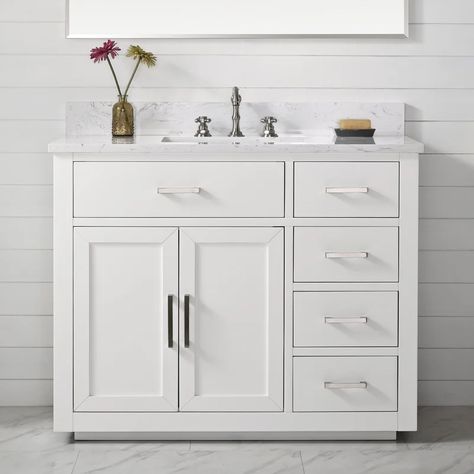 Sand & Stable Ingalls 42" Single Bathroom Vanity Set & Reviews | Wayfair Mid Century Bathroom Vanity, Ocean Shore, Hidden Shelf, Ceramic Undermount Sink, Mid Century Bathroom, Marble Vanity Tops, Transitional Bathroom Vanities, Marble Surface, Bathroom Vanities For Sale