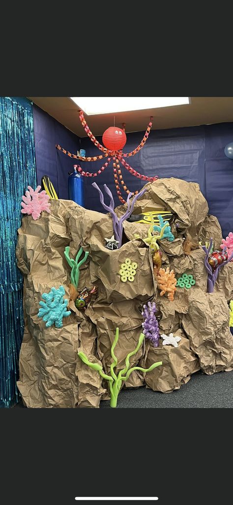 Under The Sea Office Theme, Under The Sea Themed Parade Float, Under The Sea Trick Or Trunk, Under The Sea Props Diy, Diy Coral Reef Decorations Under The Sea, Under The Sea Office Decor, Underwater Theme Trunk Or Treat, Ocean Photo Backdrop, Under The Sea Diy Decor