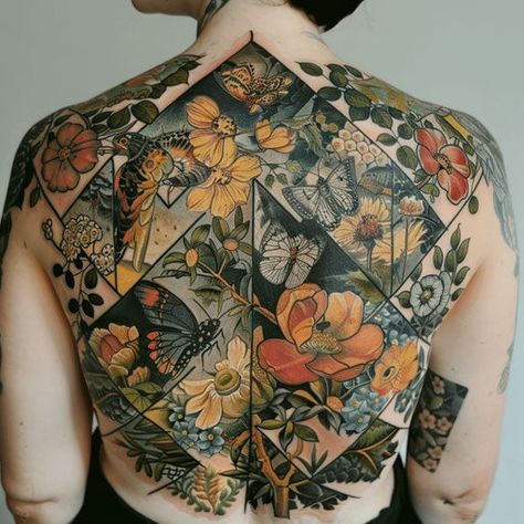 Patchwork Tattoos Tattoo Art Collection Large Arm Cover Up Tattoos, Chest Tattoo Neo Traditional, Colorful Patchwork Tattoos, Colorful Sleeve Tattoos For Women, Tummy Tattoos For Women, Block Print Tattoo, Large Tattoo Cover Ups, Tattoo Patchwork Sleeve, Gothic Floral Tattoo