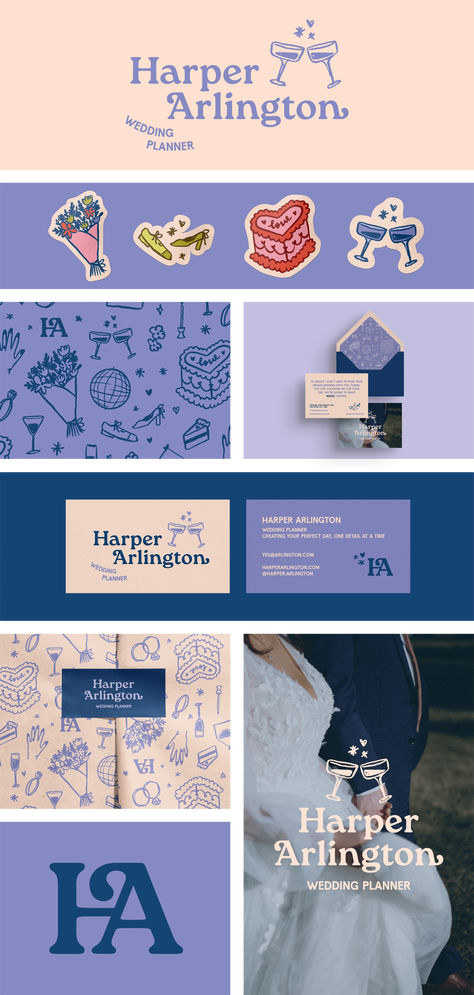 Harper Arlington is a fictional wedding event planner. It has a modern yet nostalgic feel, with a blue, loyal color palette, a bold logo font & playful illustrations. I created the brand identity and print assets, like business cards, envelope designs, thank you cards & tissue paper. I also created a set of wedding and love-themed illustrations for this brand. The illustrations include drawings of cake, rings, flowers, glasses, etc. Wedding Planner Design Ideas, Cafe Identity Design, Colorful Logo Design Ideas, Event Planner Logo Design Ideas, Cake Branding Design, Fun Branding Design, Event Branding Design, Wedding Branding Design, Modern Wedding Logo