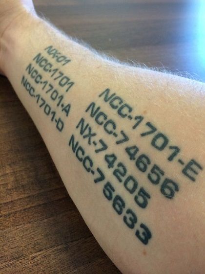 260+ Marvelous Star Trek Tattoos Designs (2023) - TattoosBoyGirl Serial Number Tattoo, Star Trek Tng Tattoo, Star Trek Tattoo Ideas, Star Trek Tattoo, Tattoo Space, Space Tattoos, Stark Trek, Fandom Star Trek, Star Trek Merchandise