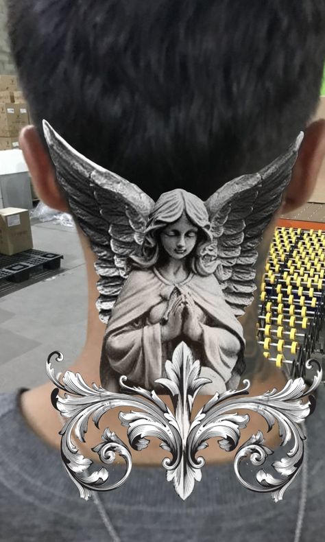 Angles Tattoos Men, Angel Back Of Neck Tattoo, Greek Chest Tattoo Men, Neck Sleeve Tattoo For Women, Cherub Neck Tattoo, Throat Tattoo Men Ideas, Neck Tattoo Designs Men, Men Back Tattoo Ideas, Men’s Neck Tattoos