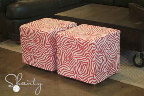 DIY Cube Ottoman Slipcover - easy way to give that old ottoman a new look! Diy Ottoman, Ottoman Slipcover, Ottoman Cover, Cube Ottoman, Kids Seating, Upholstered Ottoman, Furniture Upholstery, Easy Diy Projects, Diy Storage