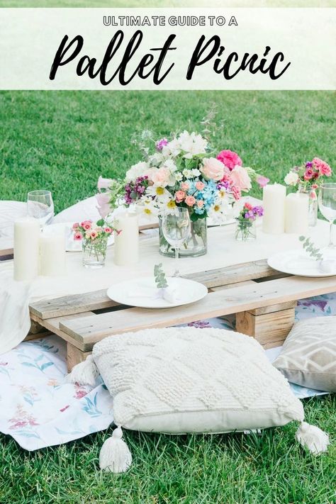 The Pallet Picnic Guide - BEYOND THE NOMS Low Picnic Table Outdoor Parties, Picnic With Pallets, Picnic Table From Pallets, Pallet Party Ideas, Pallet Table Decor, Pallet Table Outdoor, Pallet Picnic, Pallet Picnic Tables, Lake Lifestyle