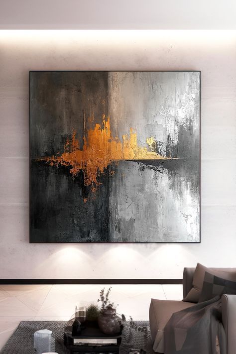 Original handmade abstract painting with gray background and vibrant orange accents, textured brushstrokes create dynamic composition Masculine Abstract Painting, Modern Organic Painting, Masculine Painting Ideas, Organic Painting, Gray Backdrop, Canvas Art Painting Abstract, Orange Accents, Large Canvas Art, Painting Abstract