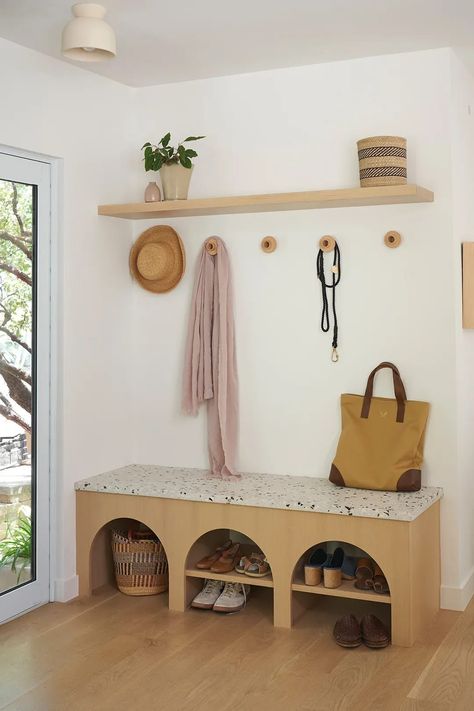 Terrazzo topped bench in entryway. Sunken Dining Room, Jessica Hansen, Entryway Inspo, Entrance Bench, Cedar And Moss, Double Sided Fireplace, Entry Bench, Vintage Stool, Custom Vanity