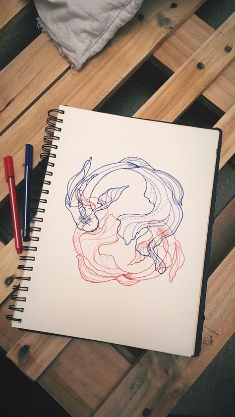 Red And Blue Koi Fish Tattoo, Red Blue Tattoo 3d, Blue And Red Sketch, Red And Blue Drawing Ideas, Red And Blue Art Drawings, Blue And Red Pen Drawing, Red And Blue 3d Line Art, Koi Fish Sketches, Red And Blue 3d Effect Drawing