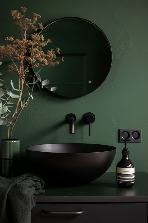 dark moody green bathroom ideas dark green bathroom remodel ideas dark green bathroom ideas subway tile dark green bathroom ideas with wallpaper dark green and black bathroom ideas dark green bathroom wall ideas dark green bathroom cabinet ideas dark green bathroom fixtures ideas bathroom painting ideas dark green dark green bathroom renovation ideas Dark Green Guest Bathroom, Dark Green Aesthetic Bathroom, Dark Green Cabinets Bathroom, Green Paint For Bathroom, Dark Wall Bathroom, Dark Paint Bathroom, Green Restroom, Black And Green Bathroom, Bathroom Ideas Dark Green