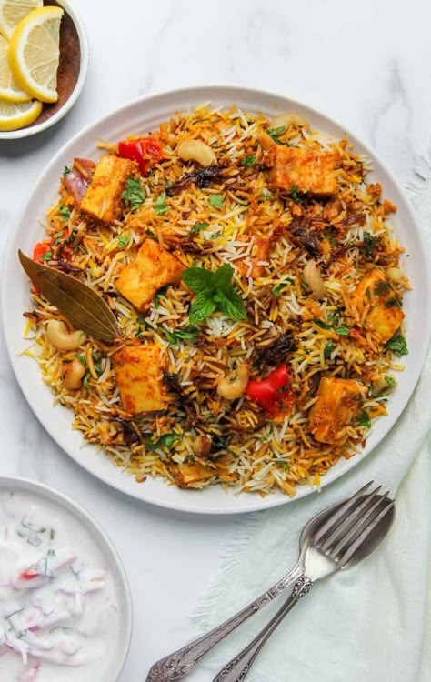 Paneer Biryani | Stovetop Paneer Dum Biryani - Ministry of Curry Vegetarian Biryani, Paneer Biryani, Biryani Rice, Dum Biryani, Fresh Spices, Chaat Masala, Biryani Recipe, Ripe Tomatoes, Fried Onions