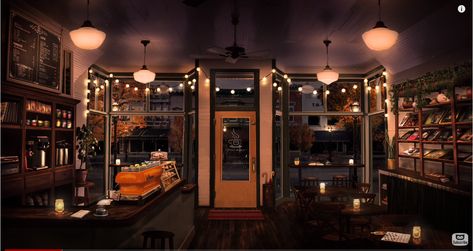 Love this whole vibe. Particularly dark wood, lighting, and shelf on right wall Fall Coffee Shop, Coffee Shop Ambience, Jazz Cafe, Bookstore Cafe, Cozy Coffee Shop, Rain Sounds, Coffee Shop Aesthetic, Home Coffee Bar, Coffee Shops Interior