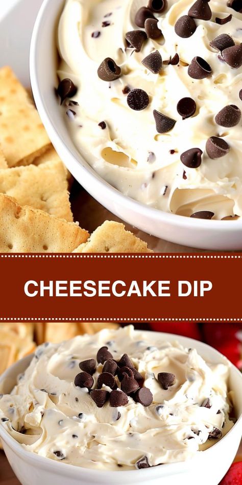 Looking for a delicious and easy dessert recipe? Try our Cheesecake Dip! This creamy, no-bake treat is perfect for satisfying your sweet cravings in no time. Made with cream cheese, chocolate chips, and a touch of vanilla, it's sure to be a hit at any gathering. Serve it with your favorite dippers for a crowd-pleasing snack that everyone will love! Dairy Free Cheesecake Dip, Easy Dessert Dip Recipes 3 Ingredients, Chocolate Chip Dip Cream Cheese, Cheesecake Dip Recipe Easy, Cream Cheese Dessert Dips, Chocolate Cream Cheese Dessert, Thanksgiving Dessert Dips, No Bake Cream Cheese Desserts, Cream Cheese Dessert Dip