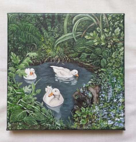 #landscape #ducks #nature #beautiful #painting #green #pond #forest Duck Pond Painting, Duck Paintings On Canvas, Duck Painting Acrylic, Draw Duck, Duck Paintings, River Drawing, Journal Drawings, Pond Art, Duck Painting