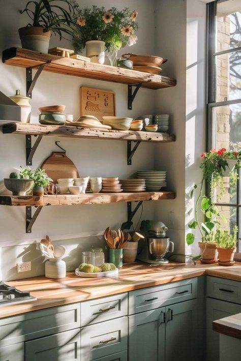 Sage Green Cabinets, Green Kitchen Cabinet, Beautiful Kitchenware, Sage Green Kitchen, Soft Sage Green, Wooden Floating Shelves, Green Kitchen, Kitchen Cabinet, Sage Green