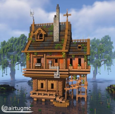 Minecraft House Ideas Mansions, Minecraft House Detailing, Ocean Village Minecraft, Minecraft Fisherman House Interior, Dallasmed65 Minecraft House, Boathouse Minecraft, Fish Hut Minecraft, Minecraft Medieval Fishing Hut, Waterhouse Minecraft