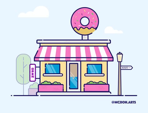 Donut Shop by Marión Carámbula Logo Donat, Candle Cartoon, Donut Store, Food Art Painting, Flower Art Drawing, Kawaii Illustration, Shop Illustration, Drawing Exercises, Donut Shop