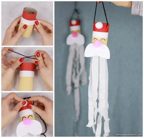 Santa Windsock Toilet Paper Roll Craft - Easy Peasy and Fun Christmas Crafts With Tp Rolls, Toilet Paper Roll Santa Claus, Toilet Paper Roll Winter Crafts, Toilet Paper Roll Windsock, Toilet Roll Tube Christmas Craft, Gnome Ornaments Diy Toilet Paper Roll, Stuff To Build, Kids Crafts Toilet Paper Rolls, Simple Art Ideas