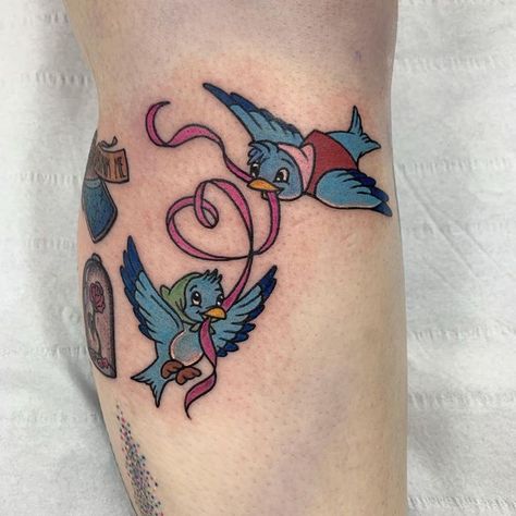 Disney Bird Tattoo, Disney Tattoos Cinderella, Cinderella Birds, Pixar Tattoo, Love Tattoo Designs, Cinderella Tattoo, Queen Tattoos, Disney Childhood, Love Tattoo Ideas