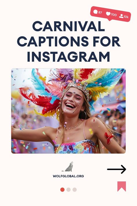 A joyous woman in carnival attire with colorful feathers celebrating with confetti.
An infographic with a checklist of whimsical carnival-themed statements and a call-to-action button.
Ad for an Instagram Engagement Pod showing a happy woman with a laptop and social icons. Caption For Carnival Pictures, Festival Captions For Instagram, Fair Captions Instagram, Carnival Captions, Circus Captions Instagram, Clown Captions Instagram, Mardi Gras Captions Instagram, Miami Carnival, Carnival Spirit