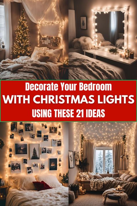 Cozy bedroom decorated with Christmas fairy lights and multicolor LED lights Bedroom With Christmas Lights, Lights Ideas For Bedroom, 4 Poster Bed With Fairy Lights, Christmas Bedroom Lights, Bedroom Christmas Lights, Christmas Lights Bedroom, Cozy Christmas Bedroom Aesthetic, Christmas Lights In The Bedroom, Christmas Lights In Room