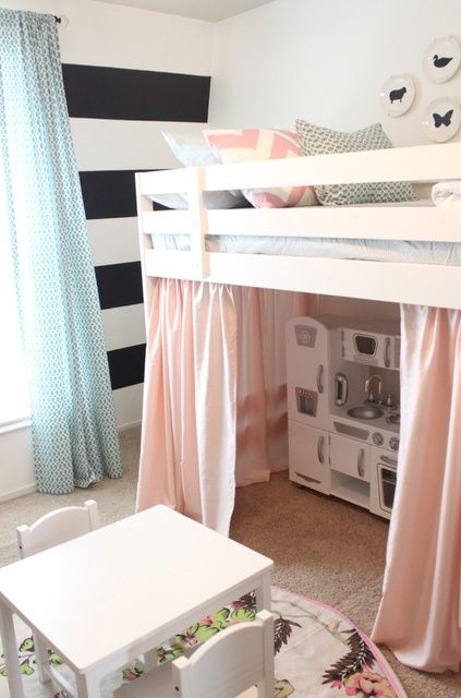 Play kitchen under loft bed (bed, tables & chairs from ikea) Mommo Design, Ideas Habitaciones, Pink Curtains, Kids Bedrooms, Big Girl Rooms, Pink Room, Toddler Room, Play Kitchen, Bunk Bed