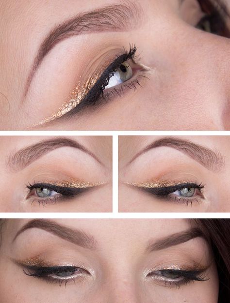 Smokey Double Winged Black & Metallic Gold Eyeliner Metallic Gold Makeup, Black And Gold Eyeliner, Make Up Gold Eyes, Gold Graphic Liner, Gold Eyeliner Makeup, Gold Eyeliner Looks, Black And Gold Eye Makeup, Gold Eye Liner, Angel Wings Eyeliner