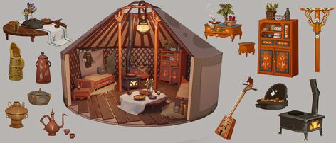 Yurt Interior, Mongolian Yurt, Drawing Furniture, Fantasy Props, Fantasy Setting, Wings Of Fire, Fantasy Concept Art, Yurt, Visual Development