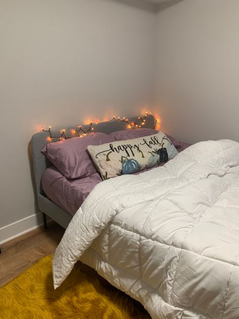 This is one way to style your IKEA bedframe to make it warm and cozy for the fall. Slattum Bed, Bedframe Ikea, Ikea Slattum, Gray Bedframe, Ikea Bedframe, Ikea Light, Ikea Bedroom Furniture, Ikea Room, Grey Bed Frame