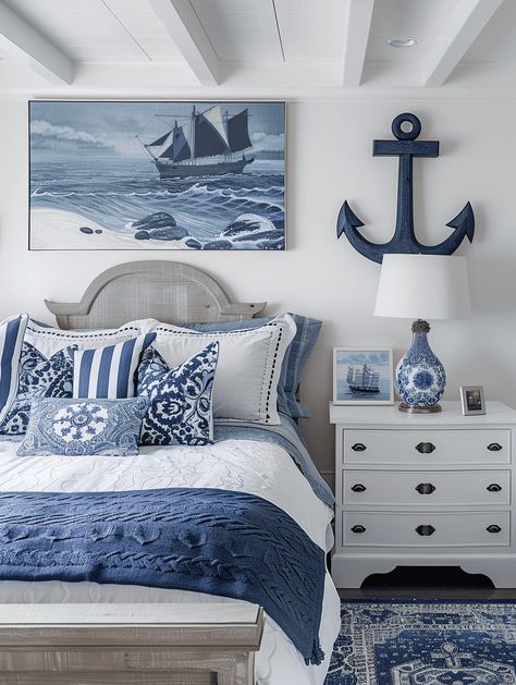 Lake House Bedding Sets, Marine Bedroom Ideas, Nautical Bedroom Ideas, Crochet Bed Sheet, Nautical Themed Bedroom, Nautical Cottage, Granny Cottage, Deco Marine, Blue And White Pillows