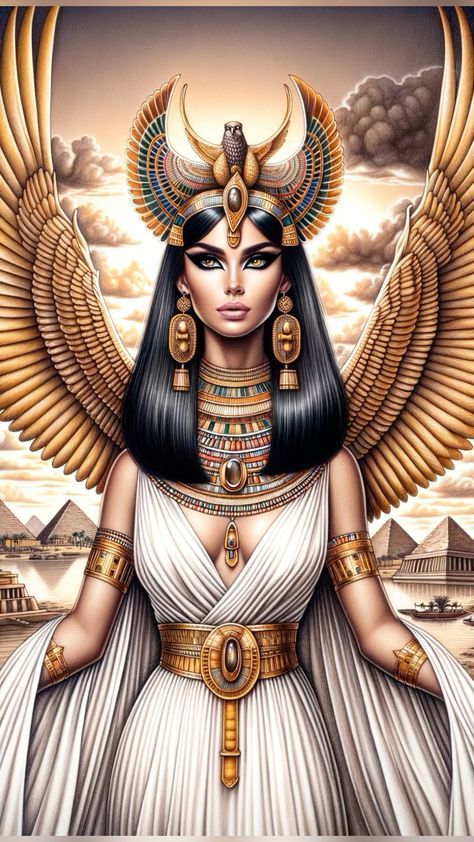 Discover the allure of the ancient Egyptian goddess, Isis! 🌟 This artistic rendition captures her divine beauty, ethereal wings, and iconic adornments. Dive deep into Egypt's rich history, and let the magic of Isis inspire your day. Perfect for history enthusiasts, fantasy lovers, and those captivated by Egyptian mythology. #EgyptianGoddess #IsisArt #AncientEgypt #DivineFeminine #FantasyArt #EgyptianMythology #TreasuresOfEgypt Egyptian Dress Goddesses, Egyptian Goddess Costume, Ancient Egyptian Women, Goddess Of Life, Egyptian Artwork, Goddess Of Egypt, Egyptian Goddess Art, Goddess Magic, Starověký Egypt