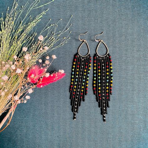 Buy Boho Hippie Colorful Seed Bead Earrings, Cool Fringe Chandelier Earrings, Long Dangle Unique Earrings, Black Ombre Rainbow Earrings Gradient Online in India - Etsy Chandelier Earrings Diy, Fringe Chandelier, Diy Earrings Easy, Earrings Cool, Seed Beads Earrings, Beadwork Ideas, Bead Wire, Earrings Ideas, Beaded Earrings Patterns