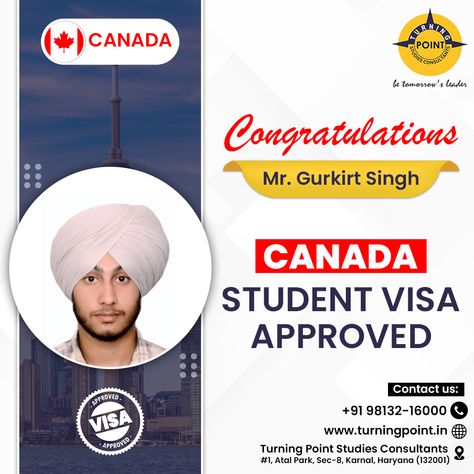 🎉 Congratulations to Mr. Gurkirt Singh on his Canada Student Visa approval! 🇨🇦🎓 Your journey toward academic success has just begun, and we're thrilled to be a part of it. Wishing you all the best in your studies and future endeavors! 📞 Contact us for your study abroad dreams: Turning Point Studies Consultants 📍 #1, Atal Park, Sec-8, Karnal, Haryana (132001) 📞 +91 98132-16000 🌐 www.turningpoint.in #CanadaVisa #StudentVisa #StudyAbroad #TurningPointConsultants #VisaApproved #StudyInCanada #S... Canada Student Visa, Student Visa, Turning Point, Academic Success, Study Abroad, Turning, Dreaming Of You, Turn Ons, Quick Saves