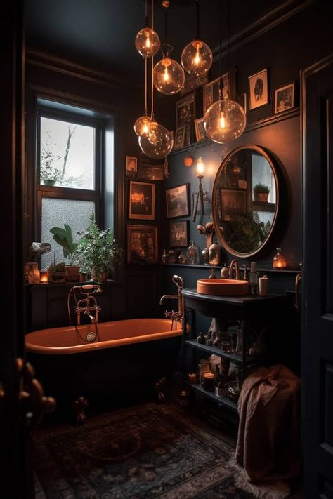 Rustic Gothic Home Decor, Real Estate Portraits, Dark Academia Bathroom, Goth Interior Design, Dark Academia Living Room, Dark Academia Bedroom Ideas, Goth Interior, Gothic Interior Design, Dark Wood Dining Table