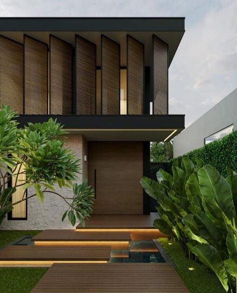 Japandi Villa Exterior, Japandi Facade House, Japandi Architecture Exterior, Skypod House Design, Modern Tropical Facade, Tropical Contemporary House Exterior, Modern Tropical Bungalow, Modern Tropical Exterior, Tropical House Facade