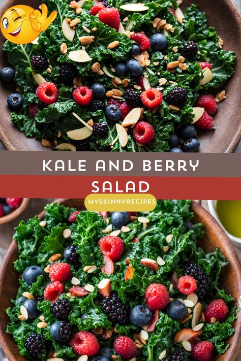 Indulge in the vibrant flavors of summer with our Berry Kale Salad! Fresh kale, juicy mixed berries, and crunchy nuts, all tossed in a tangy balsamic vinaigrette. A delightful mix of sweet and savory, perfect for any occasion. Try it now!" 🥗🍓 #BerryKaleSalad #SummerSalad #HealthyEating Blueberries And Raspberries, Massaged Kale, Berry Salad, Strawberries Blueberries, Creamy Cheese, Balsamic Vinaigrette, Light Lunch, Kale Salad, Sweet And Savory