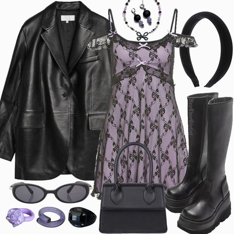 How To Style Boots, Purple And Black Outfits, Black Outfits Aesthetic, Purple Aesthetic Outfit, Black And Purple Outfit, Black On Black Outfits, Outfit With Dress, Dresses Fits, Grunge Dresses