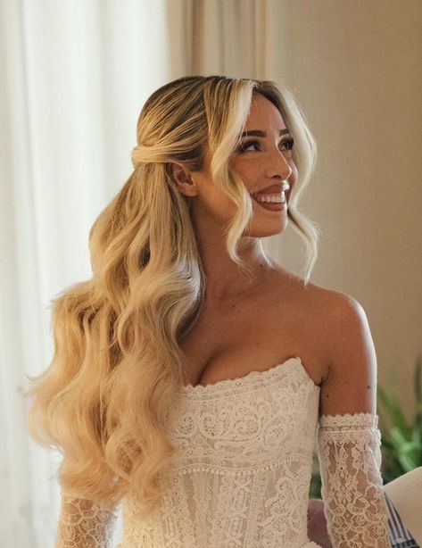 Big Loose Curls Wedding Hair, Bridal Hair With Strapless Gown, Half Up Half Down Bridal Hairstyles, Wavy Wedding Hair With Headband, Strapless Wedding Dress Hairstyles Half Up, Plus Size Bride Hairstyle, Voluminous Wedding Hair, Bride Hair Sweetheart Neckline, Wedding Hairsyoes Strapless Dress