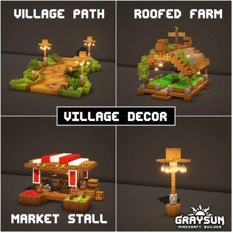 Villager Farm Ideas Minecraft, Minecraft Building Ideas Outside Decor, Village Stall Minecraft, Lamp Post Minecraft Designs, Minecraft Villager Farm Ideas, Minecraft Cute Path Ideas, Minecraft Village Lamp Post, Minecraft Farm Village Ideas, Minecraft Village Builds Ideas