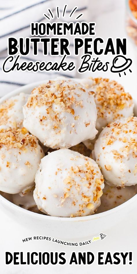 Butter Pecan Cheesecake Bites Pecan Cheesecake Bites, Cream Cheese Cake Filling, Cake Bites Recipe, Butter Pecan Cheesecake, Cheese Cake Filling, Cheesecake Balls, Cheesecake Truffles, Cake Ball Recipes, Cream Cheese Ball