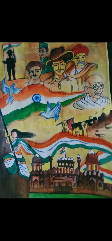 This painting is about the glory of India . This picture depicts the brave freedom fighters who fought against British for their motherland. I have used watercolor in this painting and really enjoyed while making it . Hope you all like it 😊 India Freedom Fighters Drawing, Freedom Fighters Of India Drawing Easy, Freedom Fighters Of India Poster, Veer Gatha Drawing Painting, Festival Of India Painting, Veer Gatha Painting, Freedom Fighters Painting, Freedom Fighter Drawing, Veer Gatha Drawing