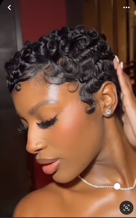 Black Girls Short Hair Waves, Finger Wave Wedding Hair Short, Black Women Blonde Pixie Haircut, Cute Short Hair Styles Black Women, Pixie Haircut Wigs For Black Women, Pixie Wedding Hairstyles Black Women, Fluffy Finger Waves, Perm Set On Natural Hair, Black Girls Pixie Hairstyles