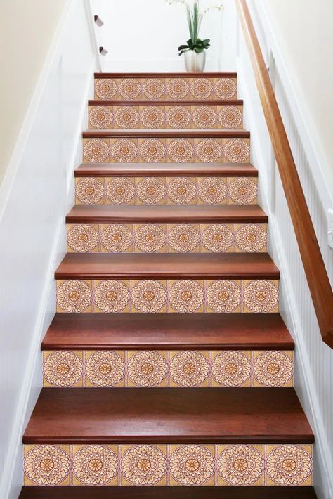 3D Round Flower 662 Stair Risers | AJ Wallpaper Vinyl Stair Risers, Staircase Decals, Decal Wallpaper, Vinyl Stairs, Stair Decals, Stair Riser Decals, Stairs Makeover, Marble Stairs, Fall Coffee Table