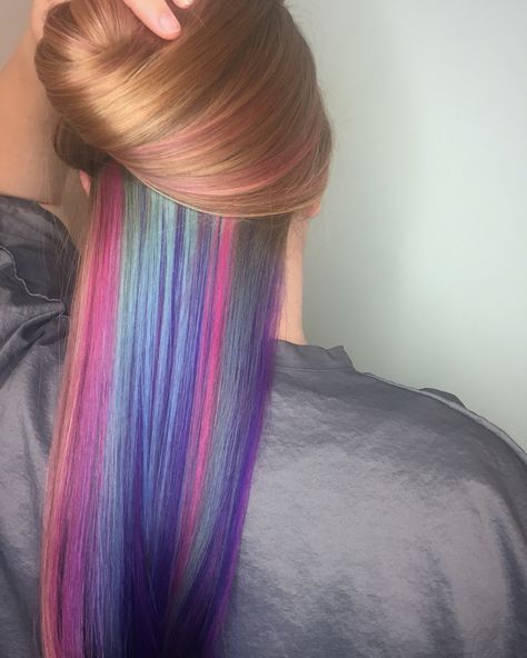 Underlights - Peek-a-boo Color #underlights #purplehair #pravana @casey_brooke__ Undercolor Hair, Hidden Hair Color, Ladies Hairstyles, Light Purple Hair, Underlights Hair, Galaxy Hair, Peekaboo Hair, Rainbow Hair Color, Simple Hairstyles