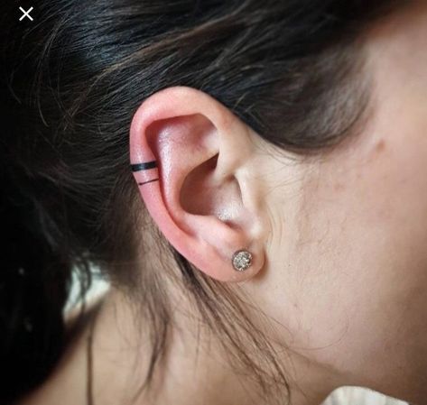 Ear Stripe Tattoo, Helix Ear Tattoo, Ear Band Tattoo, Ear Tattoo Color, Helix Tattoo, Girl Side Tattoos, Full Ear Piercings, Inner Ear Tattoo, Stripe Tattoo